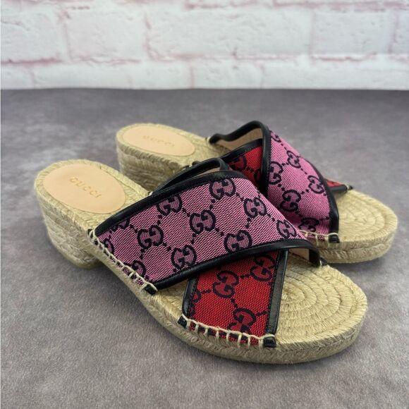 Gucci Multicolor Criss Cross Strap Red and Pink Espadrille Sandals Slides 37 - Picture 4 of 12